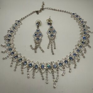 Vintage Blue Rhinestone Statement Necklace Set Dangle Earrings Glam Bridal
